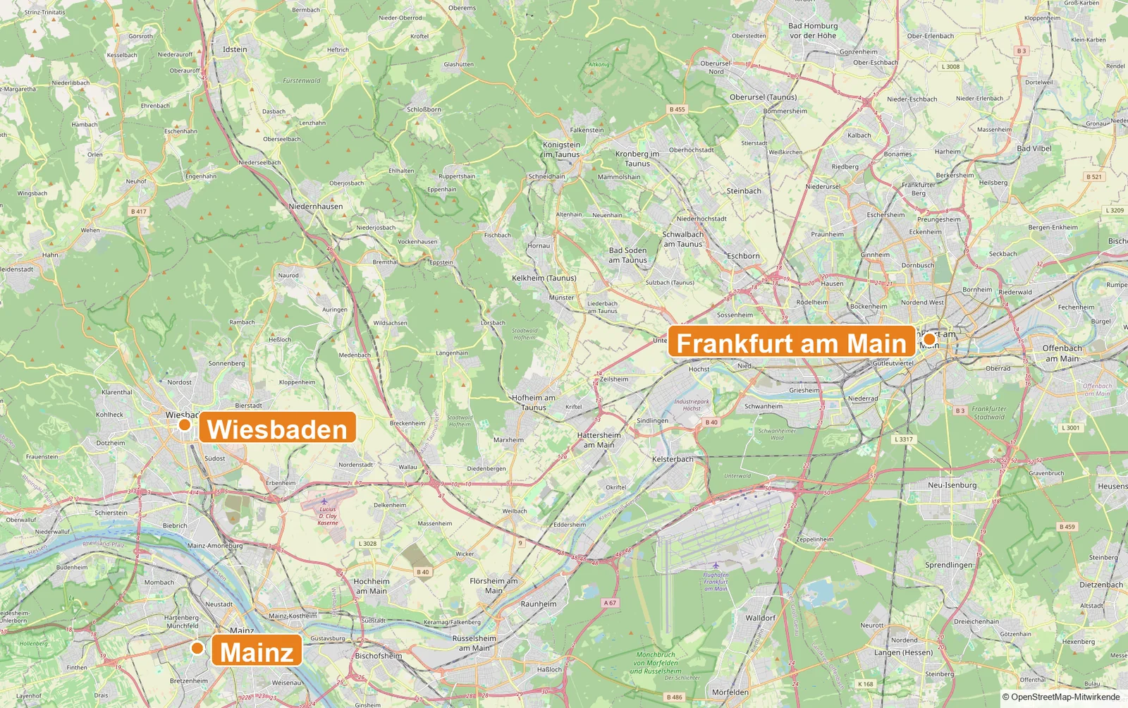Karte des Einsatzgebiets: Schwalbach am Taunus und Umgebung, Frankfurt am Main, Wiesbaden und Mainz im Umkreis von rund 75 km.