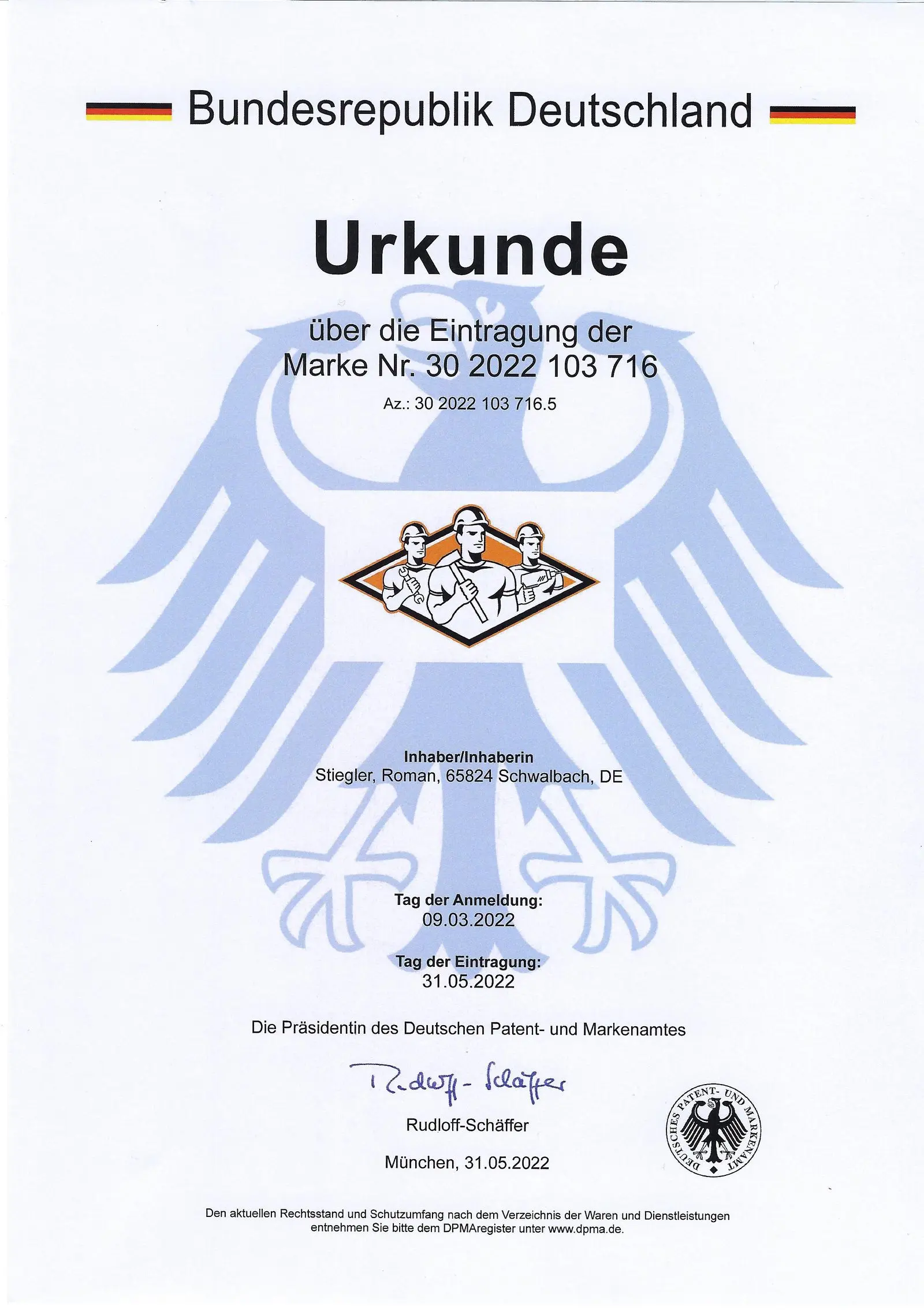 Markenurkunde des Deutschen Patent- und Markenamts für Die Burschen, Rund ums Haus